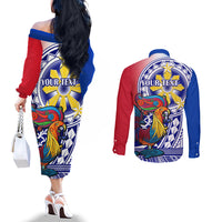 Personalised Philippines Couples Matching Off The Shoulder Long Sleeve Dress and Long Sleeve Button Shirt Filipino Sarimanok With Polynesian Tattoo LT14 - Polynesian Pride