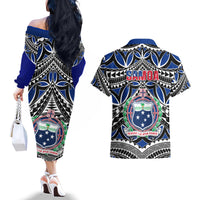 Samoa 685 Couples Matching Off The Shoulder Long Sleeve Dress and Hawaiian Shirt Samoan Coat Of Arms Simple Style LT14 - Polynesian Pride