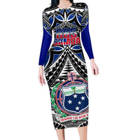 Samoa 685 Family Matching Long Sleeve Bodycon Dress and Hawaiian Shirt Samoan Coat Of Arms Simple Style LT14 Mom's Dress Blue - Polynesian Pride