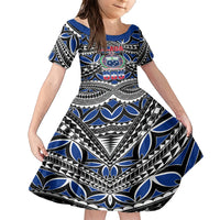 Samoa 685 Family Matching Short Sleeve Bodycon Dress and Hawaiian Shirt Samoan Coat Of Arms Simple Style LT14 Daughter's Dress Blue - Polynesian Pride