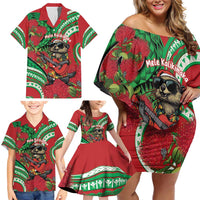 Mele Kalikimaka Hawaii Family Matching Off Shoulder Short Dress and Hawaiian Shirt Mongoose Santa With Ohia Lehua