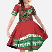 Mele Kalikimaka Hawaii Family Matching Puletasi and Hawaiian Shirt Mongoose Santa With Ohia Lehua LT14 Daughter's Dress Red - Polynesian Pride