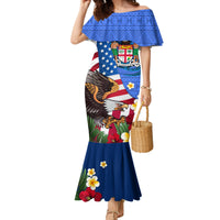United States And Fiji Family Matching Mermaid Dress and Hawaiian Shirt USA Flag Eagle Mix Fijian Coat Of Arms Tapa Pattern LT14 Mom's Dress Blue - Polynesian Pride