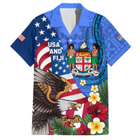 United States And Fiji Family Matching Off Shoulder Short Dress and Hawaiian Shirt USA Flag Eagle Mix Fijian Coat Of Arms Tapa Pattern LT14 Dad's Shirt - Short Sleeve Blue - Polynesian Pride