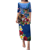 United States And Fiji Family Matching Puletasi Dress and Hawaiian Shirt USA Flag Eagle Mix Fijian Coat Of Arms Tapa Pattern LT14 Mom's Dress Blue - Polynesian Pride