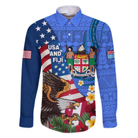 United States And Fiji Family Matching Summer Maxi Dress and Hawaiian Shirt USA Flag Eagle Mix Fijian Coat Of Arms Tapa Pattern LT14 Dad's Shirt - Long Sleeve Blue - Polynesian Pride