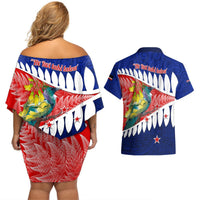 New Zealand Waitangi Day Couples Matching Off Shoulder Short Dress and Hawaiian Shirt NZ Maori Tui Bird With Kowhai Flowers LT14 - Polynesian Pride
