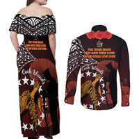 Cook Islands ANZAC Day Couples Matching Off Shoulder Maxi Dress and Long Sleeve Button Shirt Poppies With Sea Turtle LT14 - Polynesian Pride
