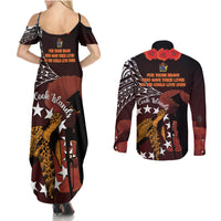 Cook Islands ANZAC Day Couples Matching Summer Maxi Dress and Long Sleeve Button Shirt Poppies With Sea Turtle LT14 - Polynesian Pride