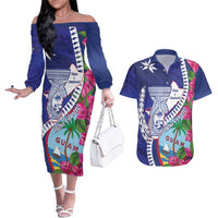 Biba Guam Liberation Day Couples Matching Off The Shoulder Long Sleeve Dress and Hawaiian Shirt Tano y Chamoru Latte Stone Blue LT14 Blue - Polynesian Pride