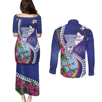 Biba Guam Liberation Day Couples Matching Puletasi and Long Sleeve Button Shirt Tano y Chamoru Latte Stone Blue