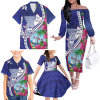 Biba Guam Liberation Day Family Matching Off The Shoulder Long Sleeve Dress and Hawaiian Shirt Tano y Chamoru Latte Stone Blue LT14 - Polynesian Pride