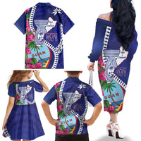 Biba Guam Liberation Day Family Matching Off The Shoulder Long Sleeve Dress and Hawaiian Shirt Tano y Chamoru Latte Stone Blue LT14 - Polynesian Pride