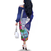 Biba Guam Liberation Day Family Matching Off The Shoulder Long Sleeve Dress and Hawaiian Shirt Tano y Chamoru Latte Stone Blue LT14 - Polynesian Pride