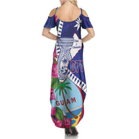 Biba Guam Liberation Day Family Matching Summer Maxi Dress and Hawaiian Shirt Tano y Chamoru Latte Stone Blue