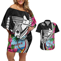 Biba Guam Liberation Day Couples Matching Off Shoulder Short Dress and Hawaiian Shirt Tano y Chamoru Latte Stone Black