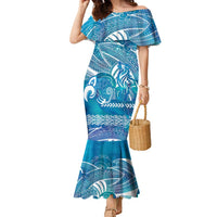 Kuri Dog Waka New Zealand Matariki Family Matching Mermaid Dress and Hawaiian Shirt Ocean Sharks Maori Tattoo LT14 Mom's Dress Blue - Polynesian Pride