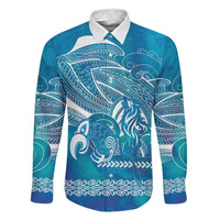 Kuri Dog Waka New Zealand Matariki Family Matching Off The Shoulder Long Sleeve Dress and Hawaiian Shirt Ocean Sharks Maori Tattoo LT14 Dad's Shirt - Long Sleeve Blue - Polynesian Pride