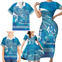 Kuri Dog Waka New Zealand Matariki Family Matching Short Sleeve Bodycon Dress and Hawaiian Shirt Ocean Sharks Maori Tattoo LT14 - Polynesian Pride