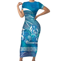 Kuri Dog Waka New Zealand Matariki Family Matching Short Sleeve Bodycon Dress and Hawaiian Shirt Ocean Sharks Maori Tattoo LT14 Mom's Dress Blue - Polynesian Pride