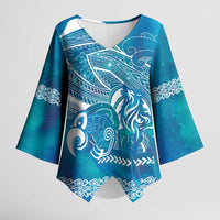 Kuri Dog Waka New Zealand Matariki Kimono Sleeve Blouse Ocean Sharks Maori Tattoo LT14 Female Blue - Polynesian Pride