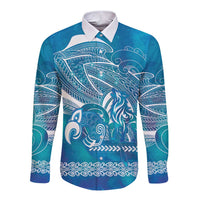 Kuri Dog Waka New Zealand Matariki Long Sleeve Button Shirt Ocean Sharks Maori Tattoo LT14 Unisex Blue - Polynesian Pride