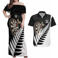 Personalised New Zealand Darts Couples Matching Off Shoulder Maxi Dress and Hawaiian Shirt Silver Fern Aotearoa Maori Pattern - Polynesian Pride