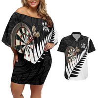 Personalised New Zealand Darts Couples Matching Off Shoulder Short Dress and Hawaiian Shirt Silver Fern Aotearoa Maori Pattern - Polynesian Pride