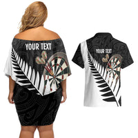 Personalised New Zealand Darts Couples Matching Off Shoulder Short Dress and Hawaiian Shirt Silver Fern Aotearoa Maori Pattern - Polynesian Pride