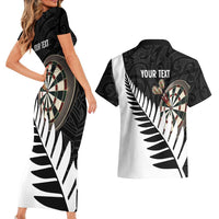 Personalised New Zealand Darts Couples Matching Short Sleeve Bodycon Dress and Hawaiian Shirt Silver Fern Aotearoa Maori Pattern - Polynesian Pride