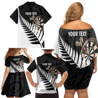Personalised New Zealand Darts Family Matching Off Shoulder Short Dress and Hawaiian Shirt Silver Fern Aotearoa Maori Pattern - Polynesian Pride