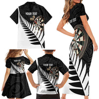 Personalised New Zealand Darts Family Matching Short Sleeve Bodycon Dress and Hawaiian Shirt Silver Fern Aotearoa Maori Pattern - Polynesian Pride