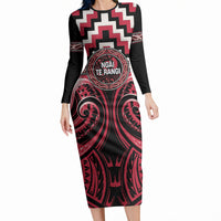 Aotearoa Ngai Te Rangi Personalised Long Sleeve Bodycon Dress Maori Iwi Poutama Puhoro Tattoo LT14 Long Dress Red - Polynesian Pride