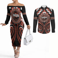 Aotearoa Tapuika Personalised Couples Matching Off The Shoulder Long Sleeve Dress and Long Sleeve Button Shirt Maori Iwi Poutama Puhoro Tattoo LT14 Red - Polynesian Pride