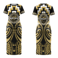 Aotearoa Ngati Tama Personalised Family Matching Short Sleeve Bodycon Dress and Hawaiian Shirt Maori Iwi Poutama Puhoro Tattoo LT14 Mom's Dress Yellow - Polynesian Pride
