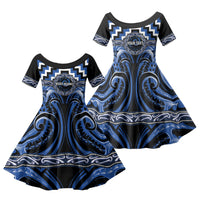 Aotearoa Ngati Ruanui Personalised Family Matching Off Shoulder Maxi Dress and Hawaiian Shirt Maori Iwi Poutama Puhoro Tattoo LT14 Daughter's Dress Blue - Polynesian Pride