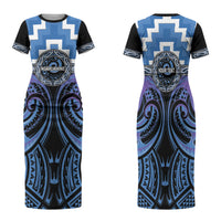 Aotearoa Ngaruahine Personalised Family Matching Short Sleeve Bodycon Dress and Hawaiian Shirt Maori Iwi Poutama Puhoro Tattoo LT14 Mom's Dress Blue - Polynesian Pride