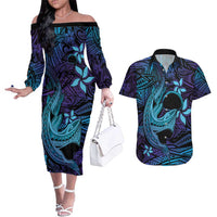 Nukuoro Atoll Couples Matching Off The Shoulder Long Sleeve Dress and Hawaiian Shirt Polynesian Shark Tattoo Purple Gradient Vibes