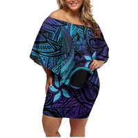 Nukuoro Atoll Family Matching Off Shoulder Short Dress and Hawaiian Shirt Polynesian Shark Tattoo Purple Gradient Vibes