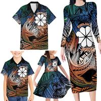 Personalised Kwajalein Atoll Family Matching Long Sleeve Bodycon Dress and Hawaiian Shirt Polynesian Shark Tattoo Gradient Vibes LT14 - Polynesian Pride