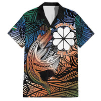 Personalised Kwajalein Atoll Family Matching Long Sleeve Bodycon Dress and Hawaiian Shirt Polynesian Shark Tattoo Gradient Vibes LT14 Dad's Shirt - Short Sleeve Black - Polynesian Pride