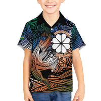 Personalised Kwajalein Atoll Family Matching Short Sleeve Bodycon Dress and Hawaiian Shirt Polynesian Shark Tattoo Gradient Vibes LT14 Son's Shirt Black - Polynesian Pride
