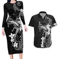 Black Hawaii Couples Matching Long Sleeve Bodycon Dress and Hawaiian Shirt Hammerhead Shark Tattoo Curve Polynesian - Polynesian Pride