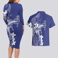 Blue Hawaii Couples Matching Long Sleeve Bodycon Dress and Hawaiian Shirt Hammerhead Shark Tattoo Curve Polynesian - Polynesian Pride