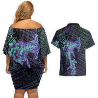 Purple Paradise Hawaii Couples Matching Off Shoulder Short Dress and Hawaiian Shirt Hammerhead Shark Tattoo Curve Polynesian - Polynesian Pride