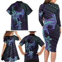 Purple Paradise Hawaii Family Matching Long Sleeve Bodycon Dress and Hawaiian Shirt Hammerhead Shark Tattoo Curve Polynesian LT14 - Polynesian Pride