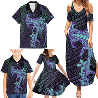 Purple Paradise Hawaii Family Matching Summer Maxi Dress and Hawaiian Shirt Hammerhead Shark Tattoo Curve Polynesian - Polynesian Pride