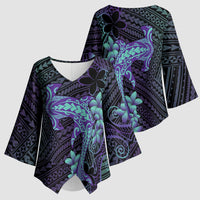 Purple Paradise Hawaii Kimono Sleeve Blouse Hammerhead Shark Tattoo Curve Polynesian - Polynesian Pride