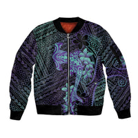 Purple Paradise Hawaii Sleeve Zip Bomber Jacket Hammerhead Shark Tattoo Curve Polynesian - Polynesian Pride