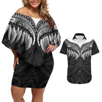 Poutama Korowai New Zealand Couples Matching Off Shoulder Short Dress and Hawaiian Shirt Aotearoa Maori Tattoo LT14 Black - Polynesian Pride